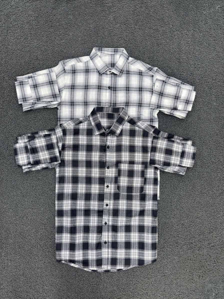 Men's Premium Cotton Checkered Casual Shirt | Black & White Plaid