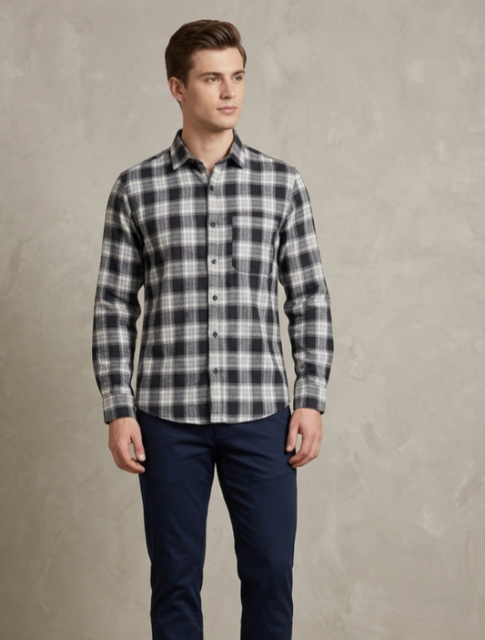 Men's Premium Cotton Checkered Casual Shirt | Black & White Plaid